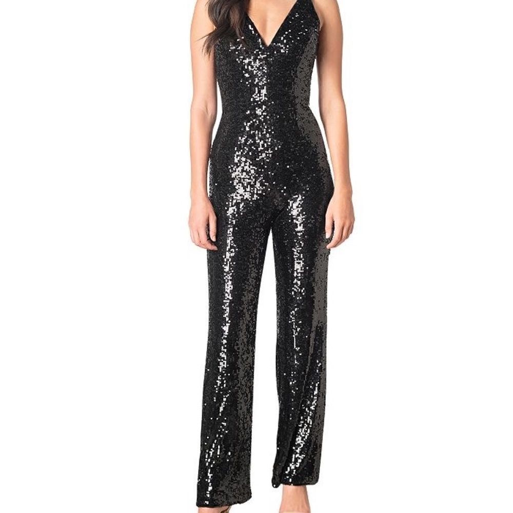 NWT Dress the Population Charlie Plunging Sequin Jumpsuit Sz M